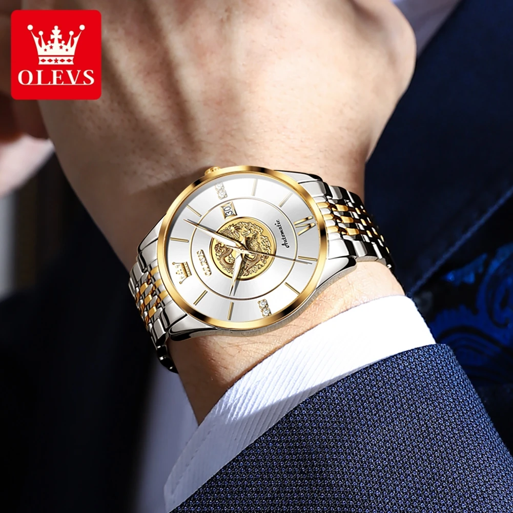 OLEVS 6693 Top Brand Dragon Mechanical Watch For Men Waterproof Automatic Dress Wrist Watches 42.5mm Big Dial Calendar Man Watch