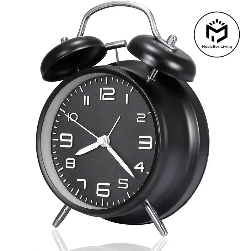 4 Inch Twin Bell Loud Alarm Clock Metal Frame 3D Dial with Backlight Battery Operate Desk Table Alarm Clock For Home and Office