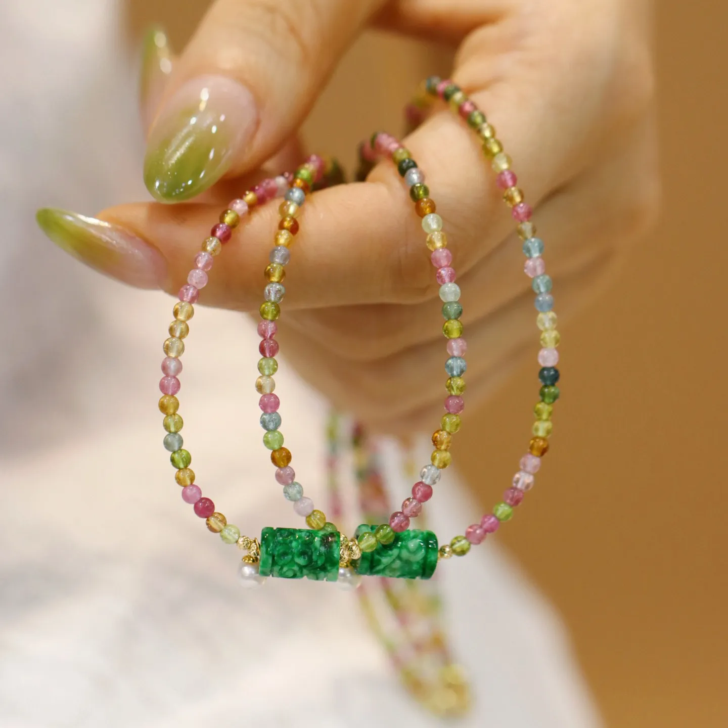Natural Tourmaline & Jadeite Necklace, Dopamine Color Design with Pearl & 18K Gold, Fashion Colorful Beaded Collarbone Jewelry