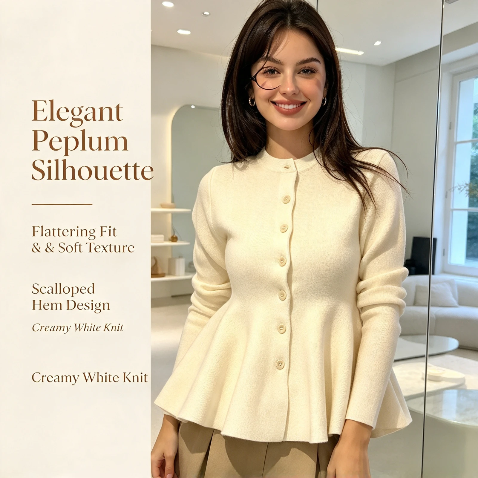 Women Slim Fit Ruffle Hem, Knit Cardigan Sweater Long Sleeve, Solid Color Peplum Top Autumn, Spring Casual Outerwear Jacket Coat