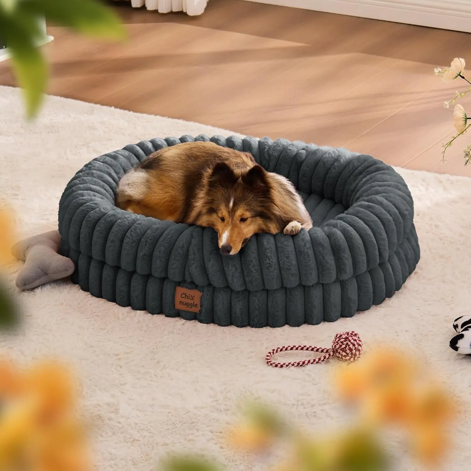 

Dog Bed Medium Sized Dog - Luxury Striped Faux Fur Waterproof Pet Couch with Removable Washable Cover, Orthopedic Pet Bed