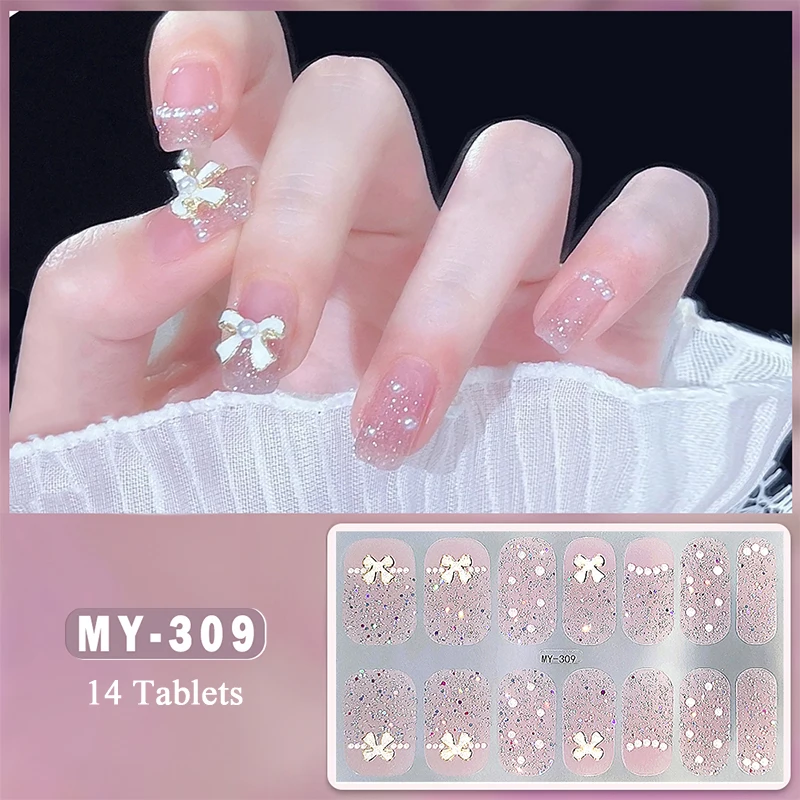 14Tips Glitter Bowknot Full Cover Nail Stickers Shiny Flowers Adhesive Press on Nail Decals Manicure DIY Full Cover Nail Wraps