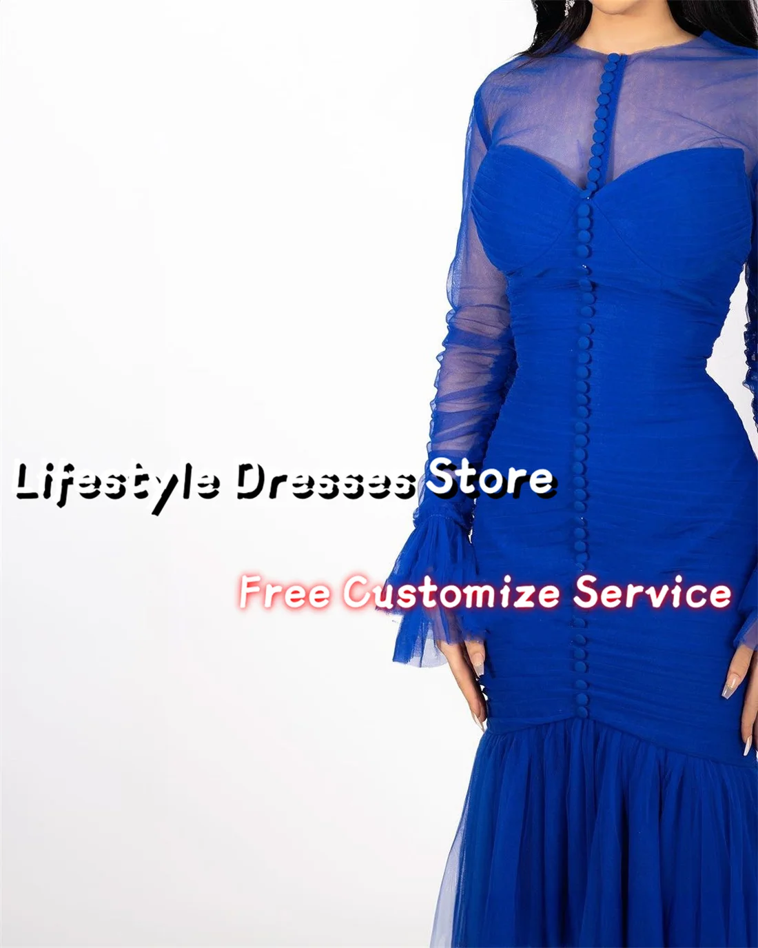 Customized Royal Blue Buttons Prom Dresses Tulle Long Flare Sleeves Mermaid Evening Dresses Party Gown Formal Occasion Dress