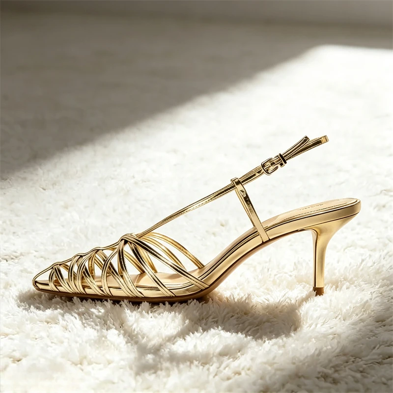 Luxury Gold Narrow Strap Heeled Sandals Women Sexy Pointed Toe Back Strap Roman Style Pumps Elegant Fashion Banquet Wedding Shoe