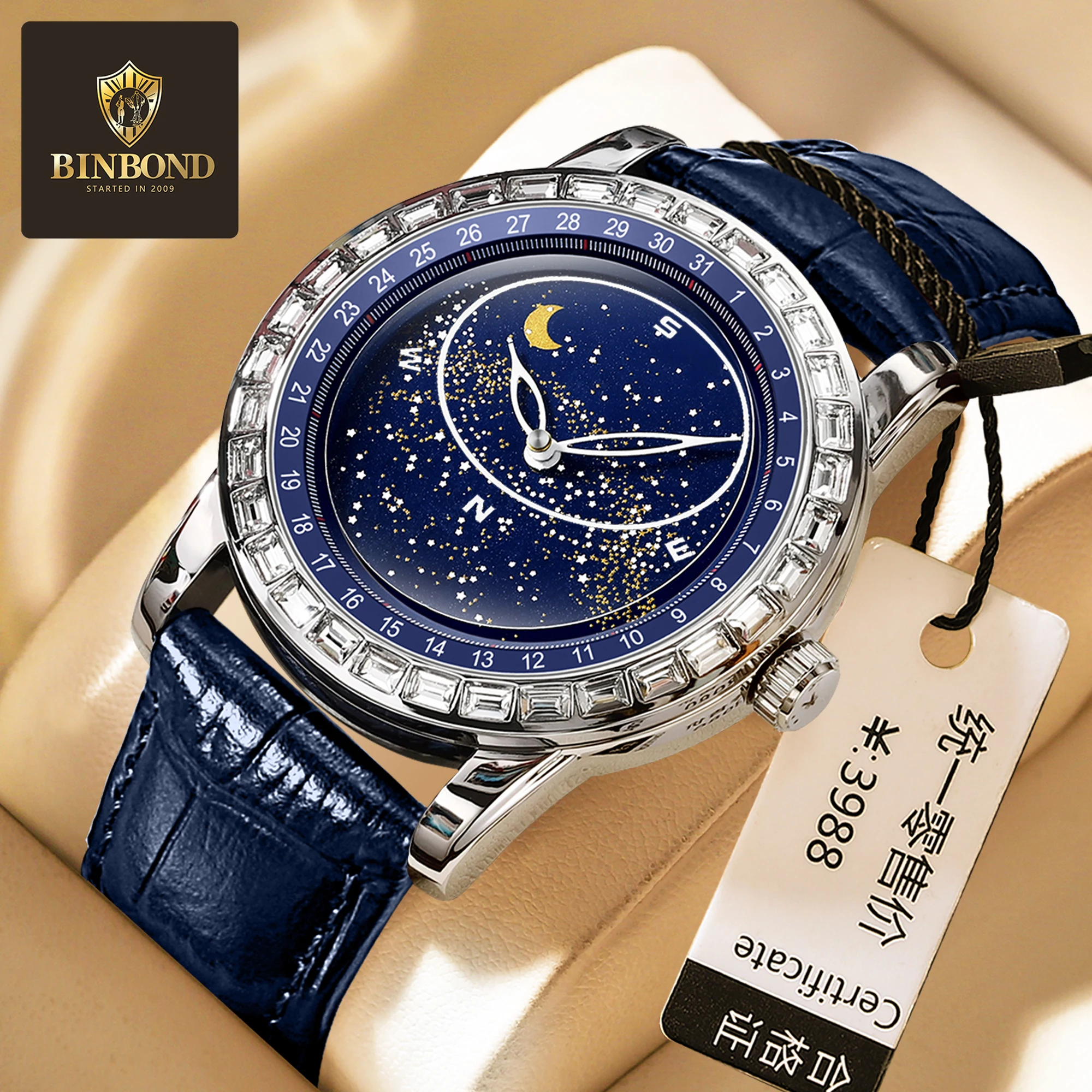 

BINBOND Men's Starry Sky Disc Diamond Watch Fashion Business Leather Strap Luxury Star Moon Phase Men's Watch
