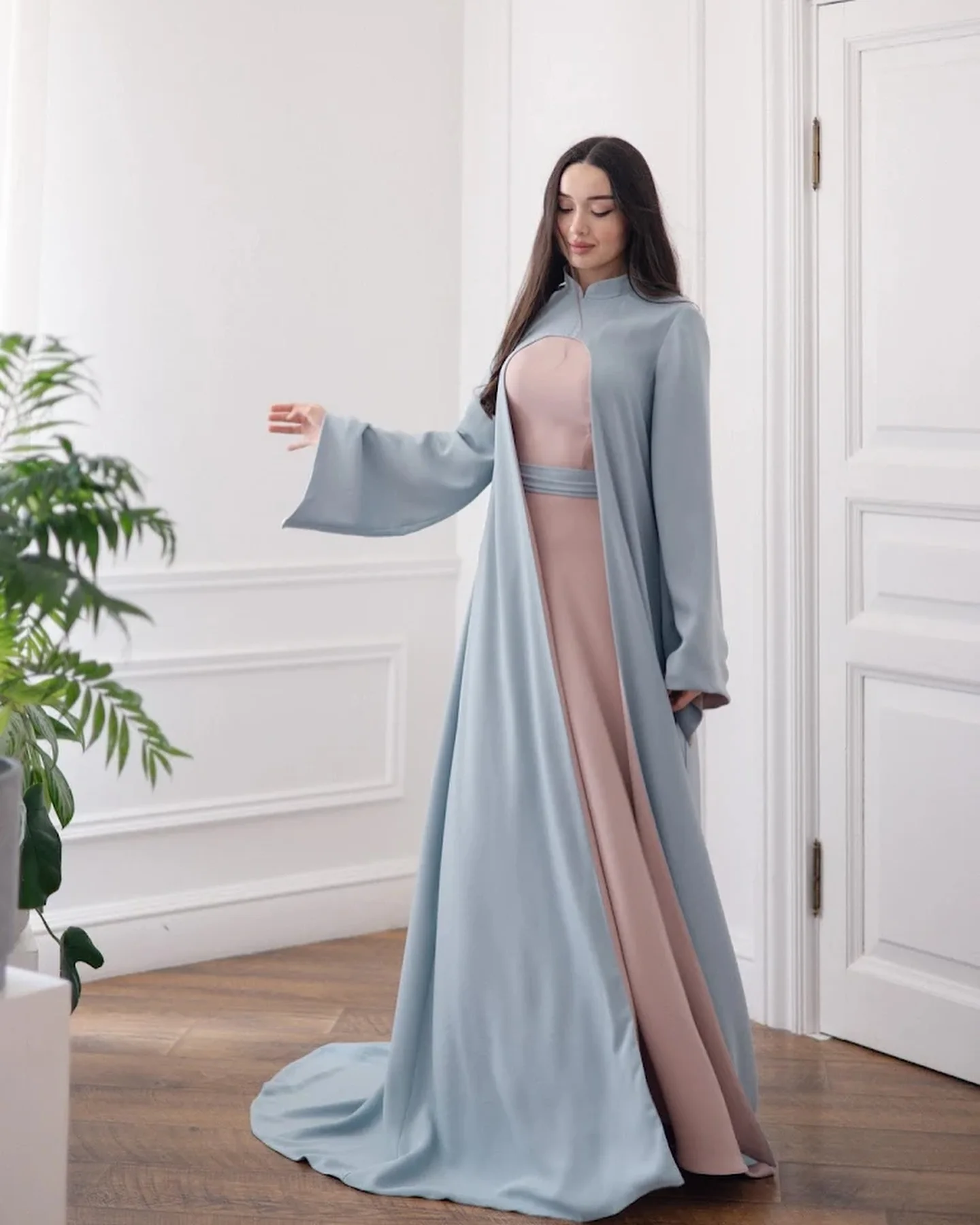 Gaun Malam A-Line Jersey Anggun Kustom Gaun Acara Khusus Panjang Lantai Kerah Tinggi Lengan Panjang Temperamen