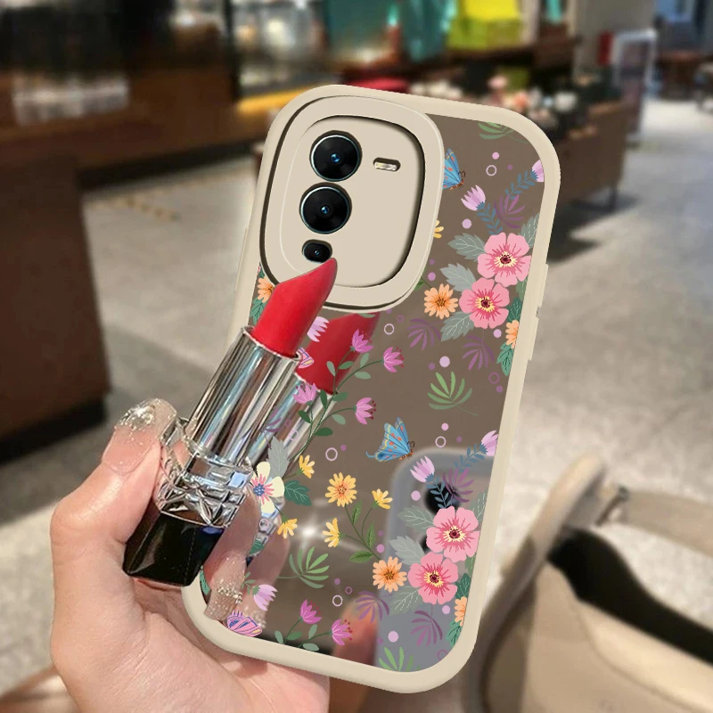 Floral Soft Frame Mirror Case For Vivo V27E V25 Pro V25E V23 V23E V15 Pro V11i S15 S12 S1Pro Shockproof Silicon Protective Cover