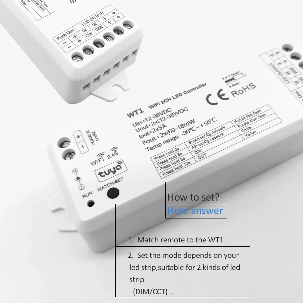 Tuya Wifi 2in1 LED Controller DC12V 24V 2CH 10A Smart Life Voice Push Dimming Switch Single Color CCT LED Strip Light WT1 Dimmer