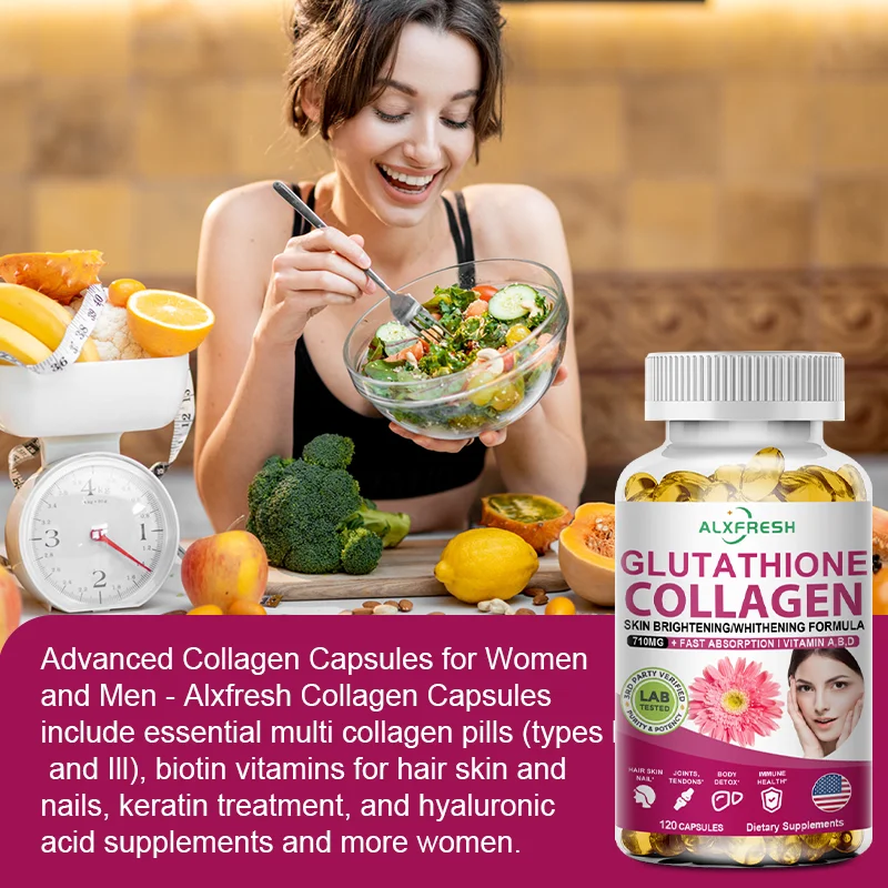 Alxfresh Collagen Glutathione Hyaluronic Biotin and Complex Vitamins Capsule Supplement Antioxidant Skin Beauty Immunite Support