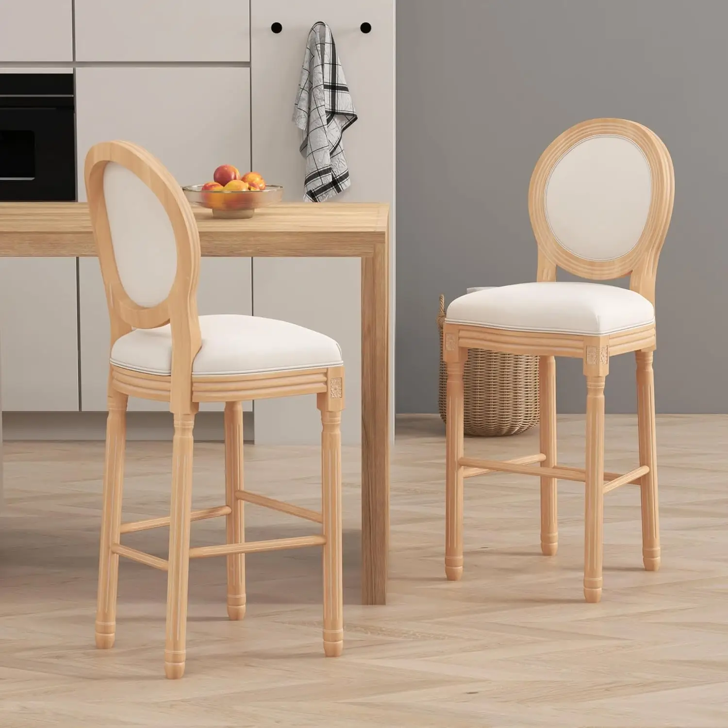 30-Inch French Country Bar Stools Set Of 2, Farmhouse Barstools With Solid Wood Frame And Fabric Upholstered Backrest, Rattan