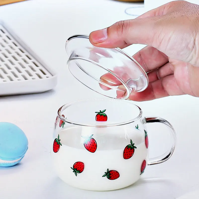 380ml Cute Letter Transparent Glass Coffee Tea Mug Strawberry Drinks Dessert Breakfast Milk Cup Glass Mugs Handle Drinkware