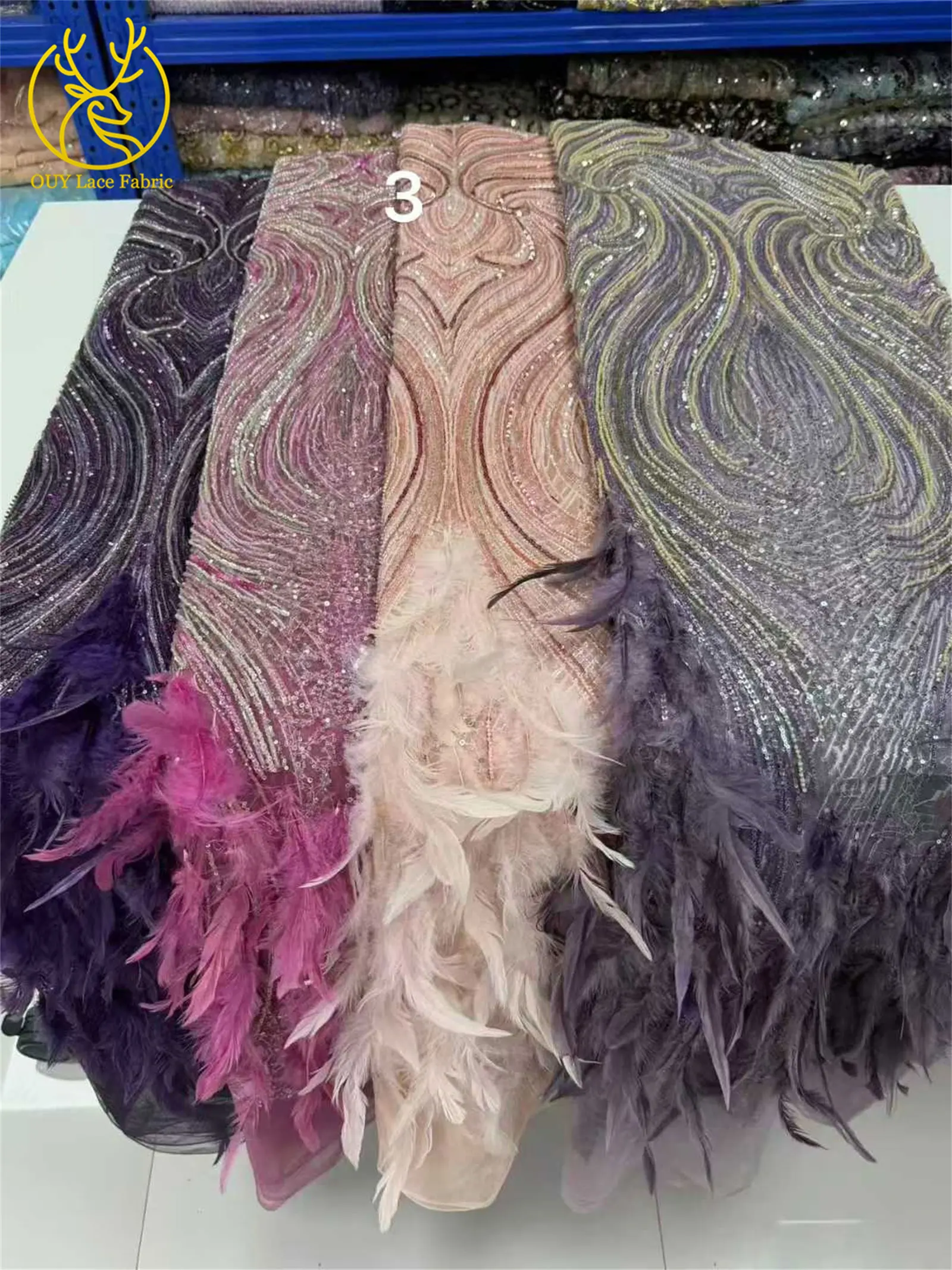 Lila 3D-Feder afrikanischer Perlen-Spitzenstoff 2026 Luxus nigerianischer Pailletten-Spitzenstoff Haute Couture Kleid Nähmaterialien – Detail 3