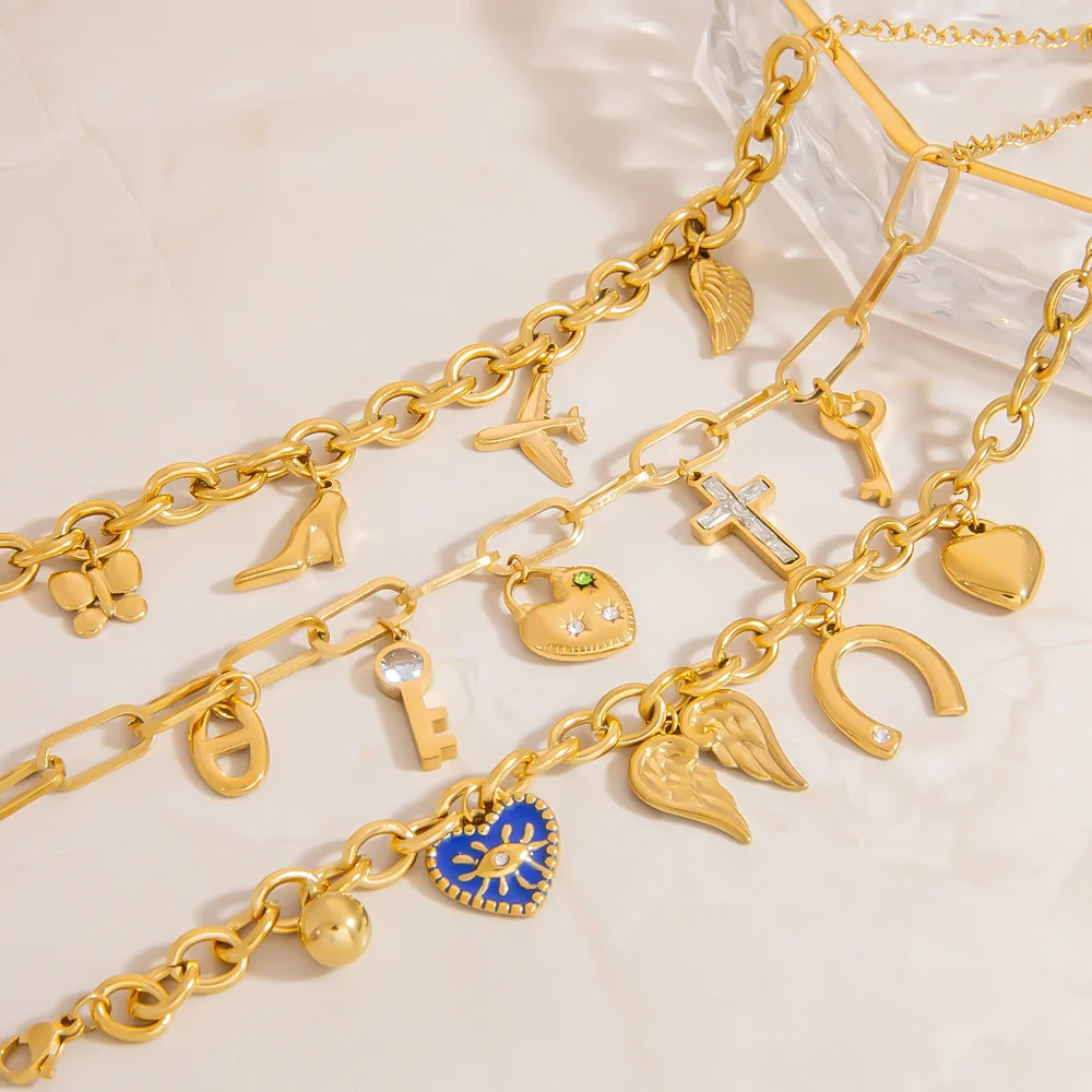 

Fashion Wing Butterfly Airplane Charm Pendant Bracelet, Stainless Steel Gold Color Thick Chain Vacation Jewelry, Non Fading