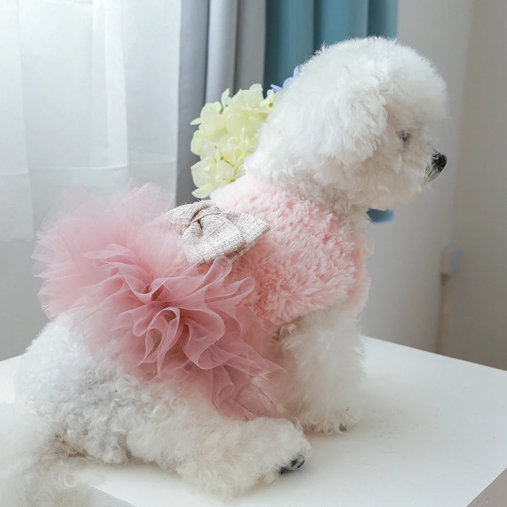 Pet Dog Cat Clothes Dress Winter Warm Princess Bow Festive Pearl Lace Gauze Skirt for Autumn Dog Skirt Pet Puppy Outfit Apparel