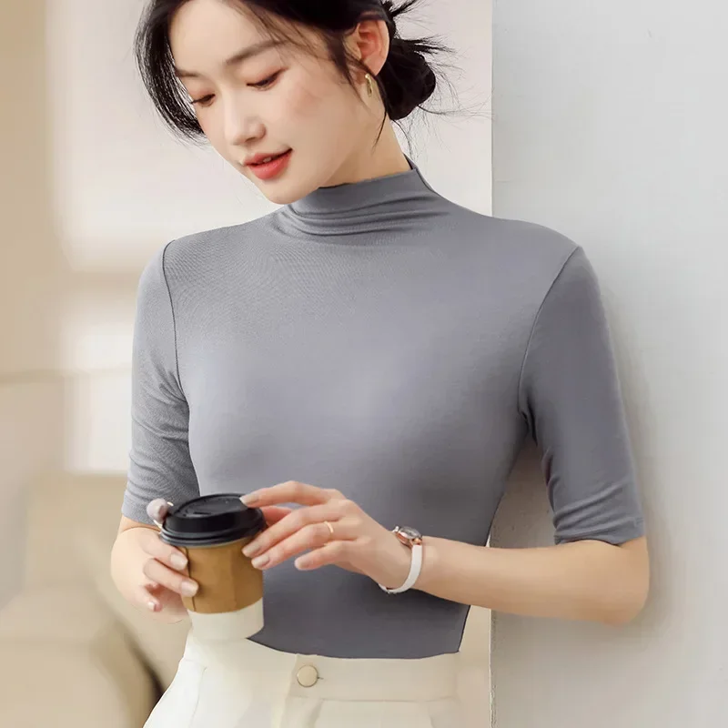 Basic Modal Shirt Women's High Neck Slim T-shirt Short Sleeve T-shirt Women's Casual Elastic White T-shirt Women's Top Korean