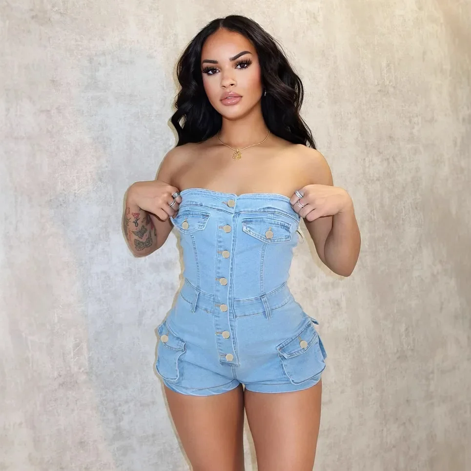 Salopette en Denim Sexy simple boutonnage combinaisons femmes Jean sans manches mince épissé poches lavé été Vintage Patchwork