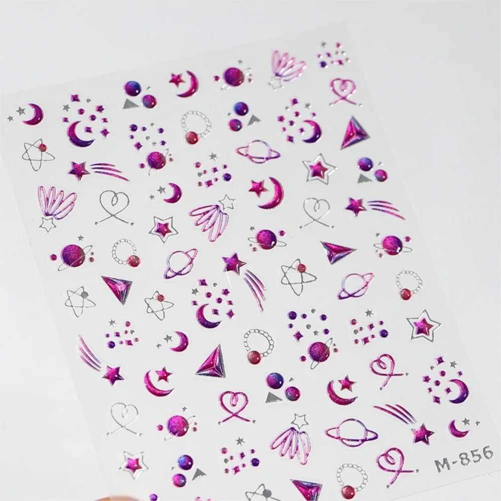 1PCS 5D 엠보싱 별 달 행성 네일 스티커 보라색 별빛 하늘 추상 네일 아트 데칼 셀프 접착 드림리 매니큐어 슬라이더