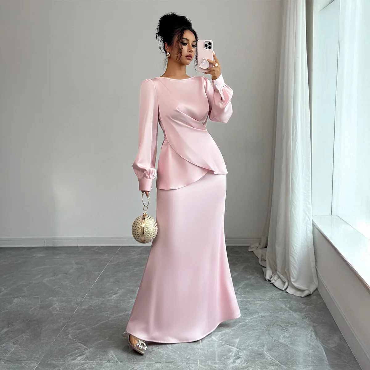 Elegant Satins Women Long Sleeve Dress For Women Autumn Winter Female European American Long Sleeve Skirt Dress Women's Clothing