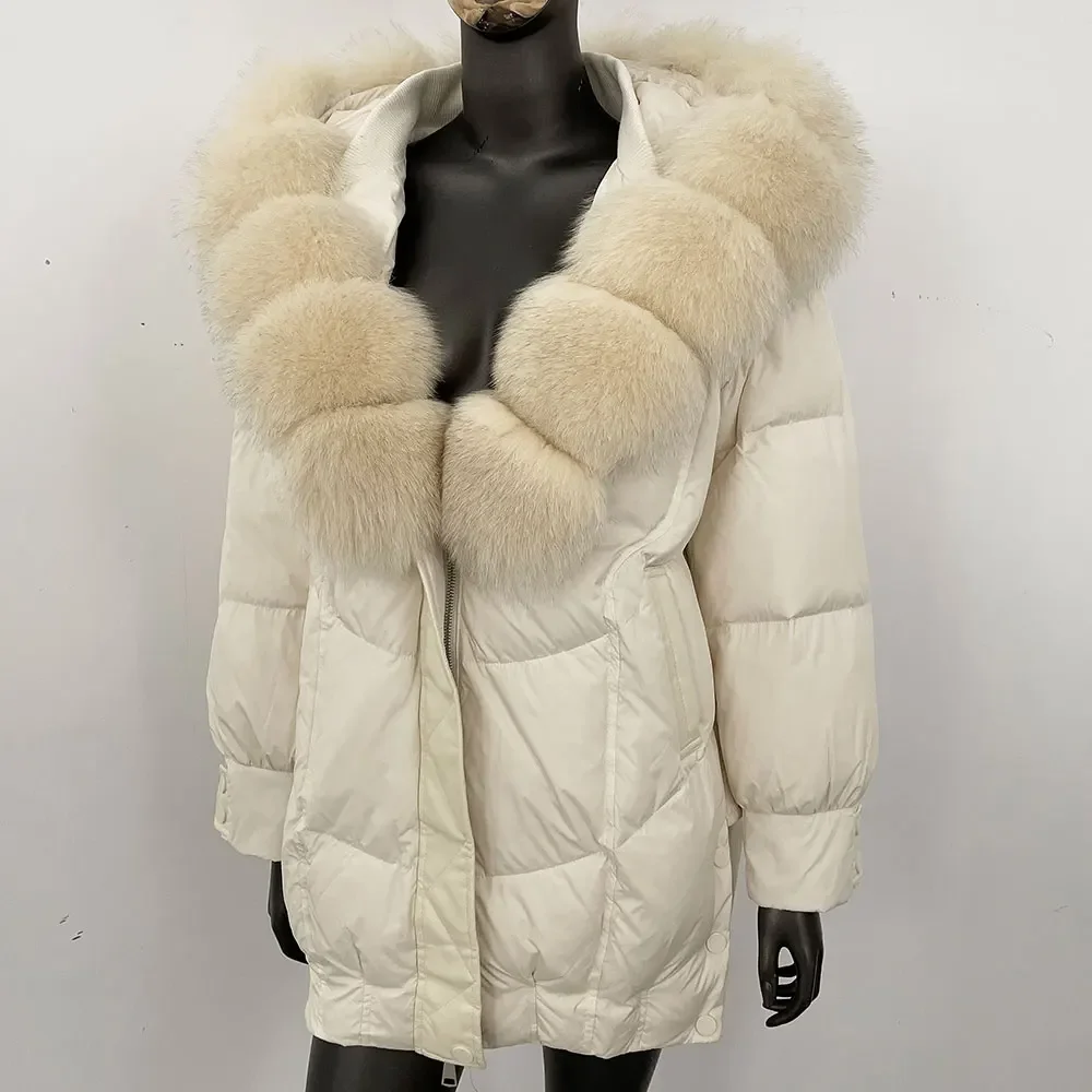 Płaszcz puchowy z kapturem z prawdziwego futra lisa, bardzo duży, błyszczący, modny, nowy zimowy płaszcz z futrem, damska parka, odzież wierzchnia, kurtka puchowa.