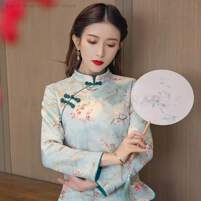 Green Printed Cheongsam Blouses Long Sleeved Traditional Chinese Shirt Vintage Oriental Qipao Top Mandarin Collar Tang Clothes