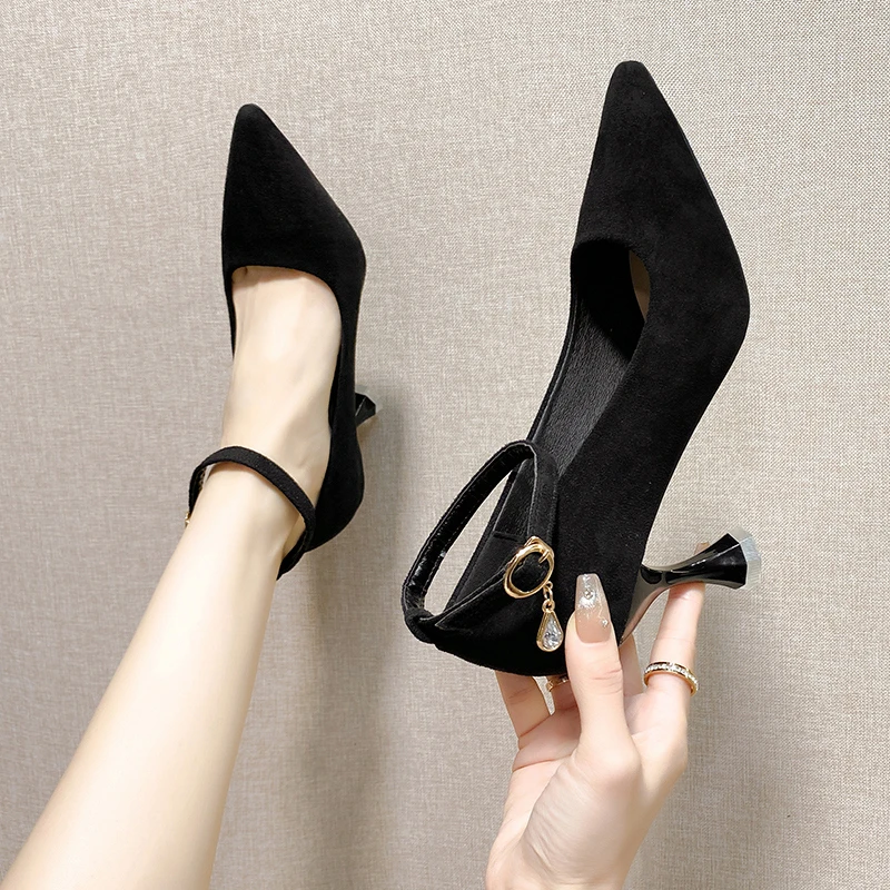 Versatile High-heeled Flats 2024 New Style 7cm Fine Track Cat's Paw Pointed Toe Single Shoe Women's Shallow Sole Summer Shoe