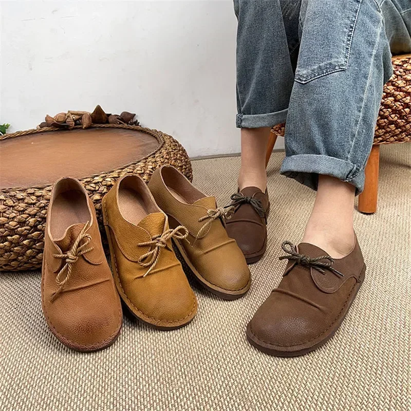 2024 Spring Summer New Genuine Leather Women Shoe Casual Leather Shoes For Women Flat Shoes Ladies Lacing Loafers