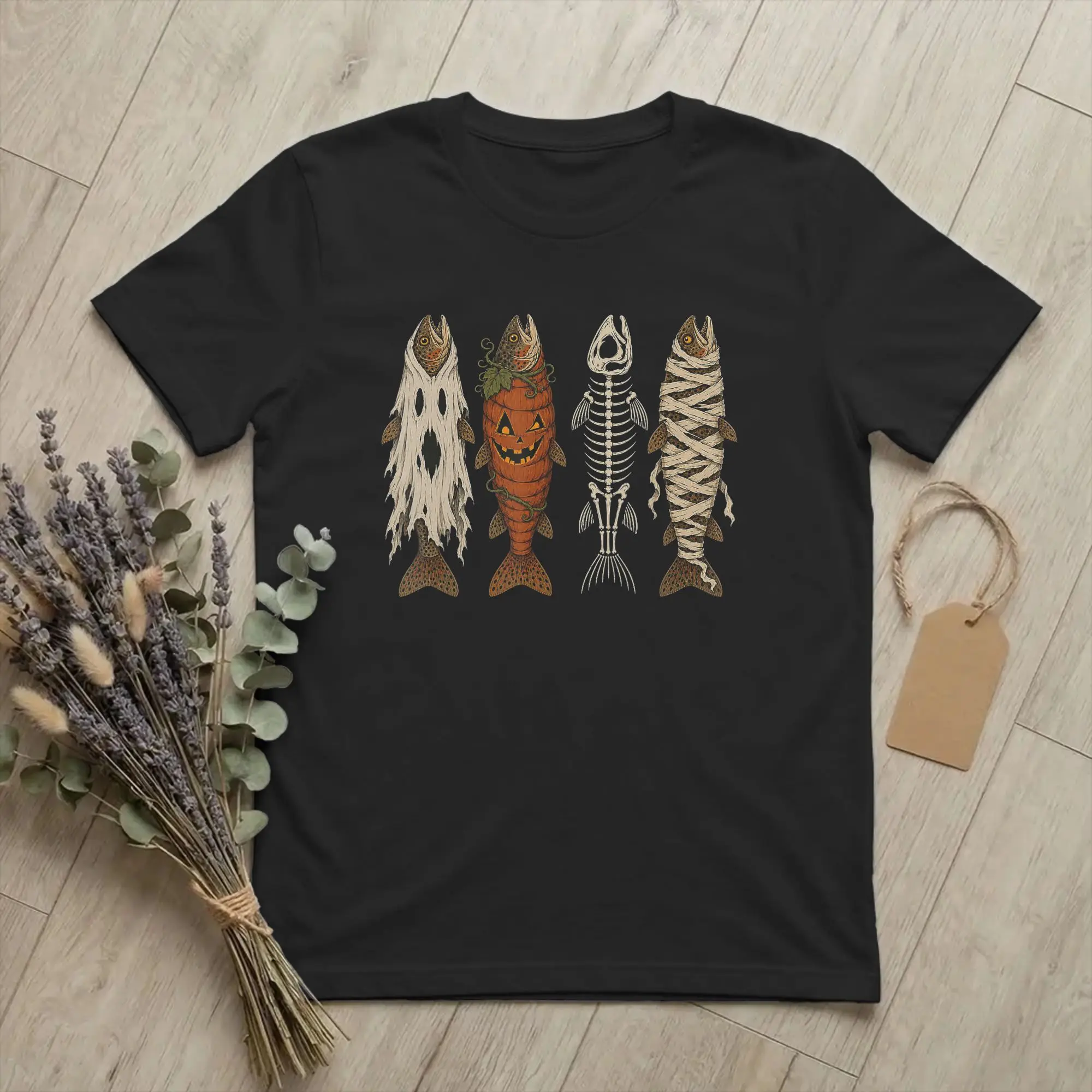 Halloween Trout Fish Ghost Pumpkin T Shirts for Men Cotton T-Shirts Round Neck Skeleton Mummy Tees Short Sleeve Tops New Arrival