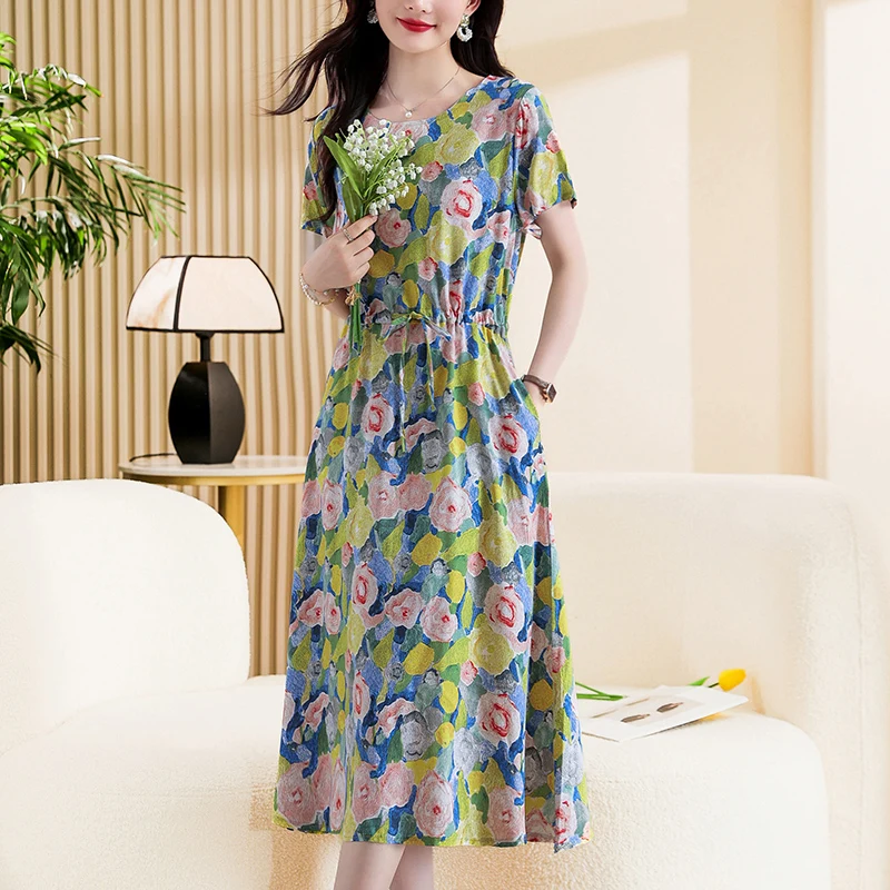 Summer Half Sleeve Print Long Plus size Dress For Women 2024 New Casual O-Neck High Waist Slim Ladies Maxi Dresses