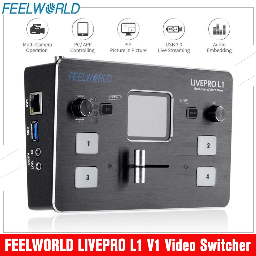 FEELWORLD LIVEPRO L1 V1 Multi Format Video Mixer Switcher 4xHDMI Inputs Camera Production USB3.0 Live Streaming Youtube