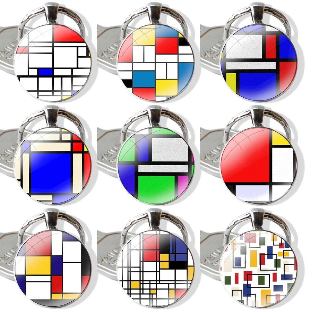 Keychain Handmade Glass Cabochon Key Ring Holder Pendant Key Chains mondrian mondrian Color square