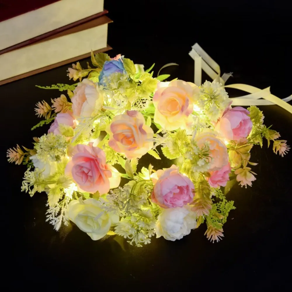 Headwear Simulation Rose Flower Flower Crown Hairband Glowing Luminous Wreath Headband Cloth Flora LED Light Garland Bar