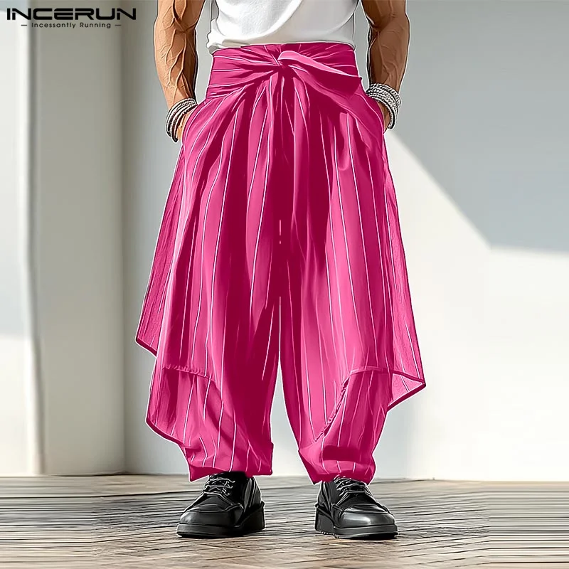 INCERUN, pantalones a rayas para hombre, pantalones para correr de gran tamaño con cintura elástica y cordones, pantalones casuales de pierna ancha, ropa de calle para hombre, pantalones irregulares 2025
