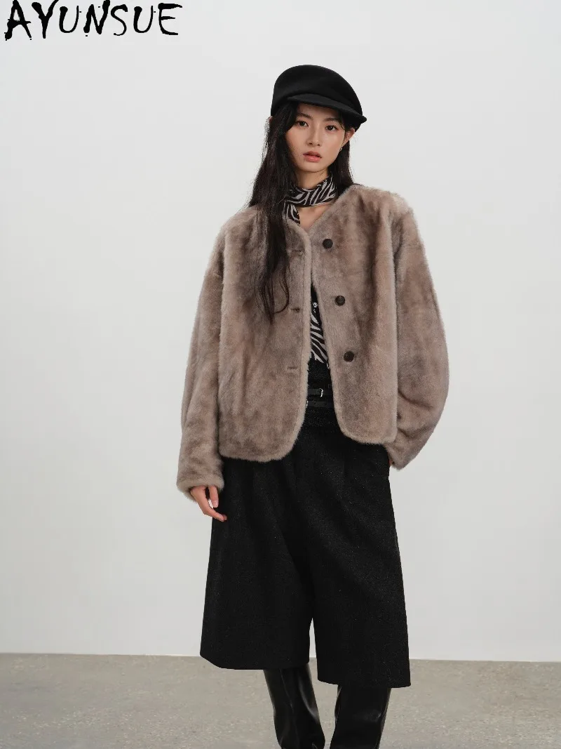 AYUSNUE Womens Lacon Style Short Hair Two-tone Merino Shearling Coat Oversized Genuine Fur Jacket Ladies Winter Clothing Fashion