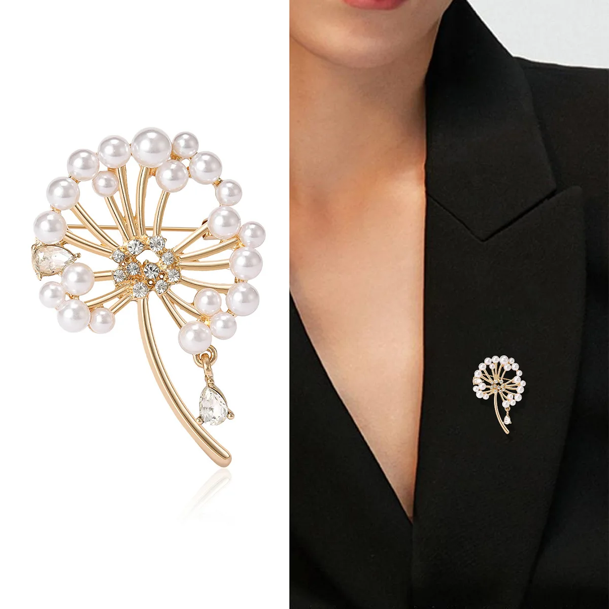 Rhinestone Dandelion Brooch For Women Unisex Fashion Pearl Plant Pin 2 Colors Available Clothing Accesories High Quality New