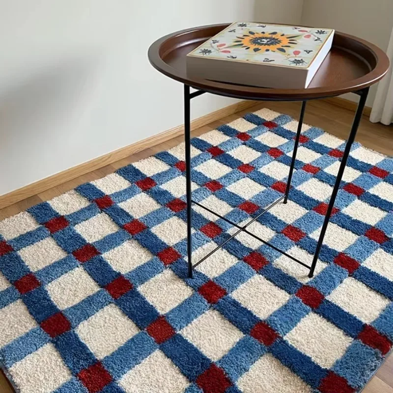 Alfombra  puerta con diseño de rejillas azules, alfombra suave capitoné para dormitorio, mesita  noche, decoración del hogar