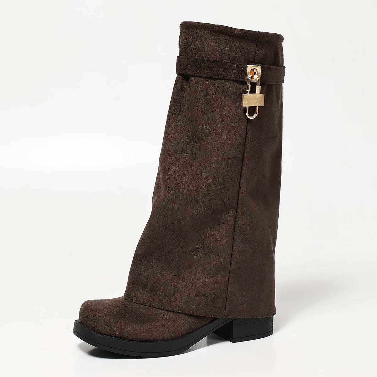 Women's Large Size Brown Heeled Long Boots, Fall/Winter Style, Mid-Calf Boots, Over-The-Knee Western Boots