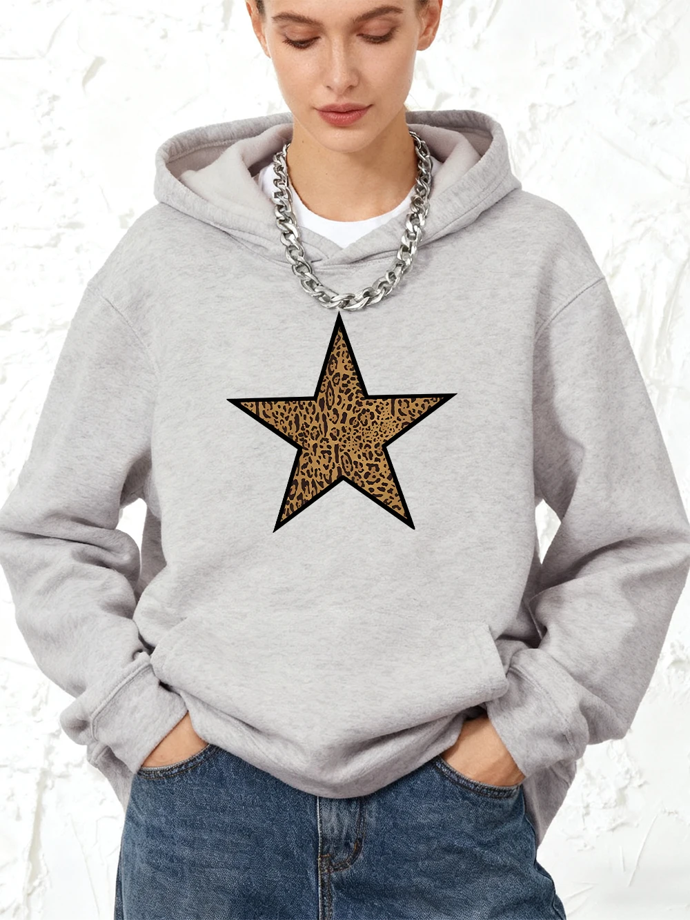 ヒョウ五芒星プリントパーカー綿レディースジョギングポケットプルオーバースポーティルーズスウェットシャツ冬フリース女性服
