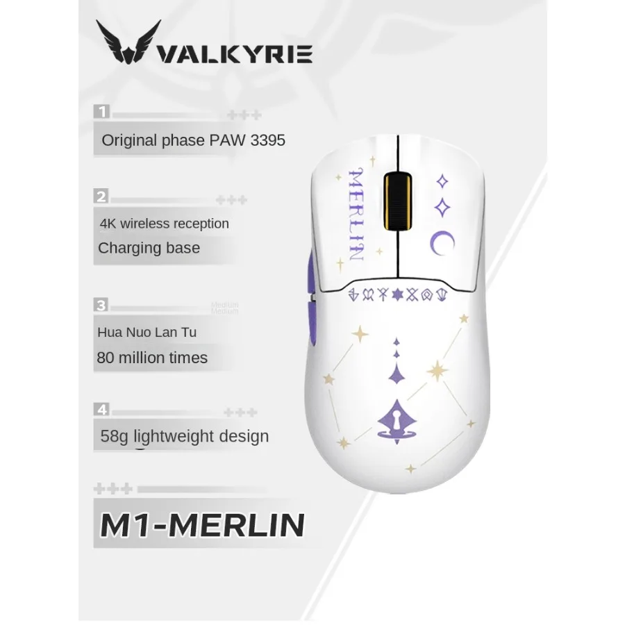 VALKYRIE M1 Tri-mode Mouse PAW3395 Sensor Wireless Charging Dock 58g Lightweight Ergonomic Optical 26000DPI Esport Gaming Office