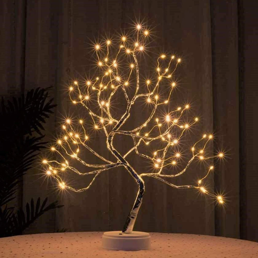 Full Sky Star Golden Leaf Willow Cherry Tree LED Night Light Mini Christmas Tree Copper Wire Garland Lamp Fairy Light For Home