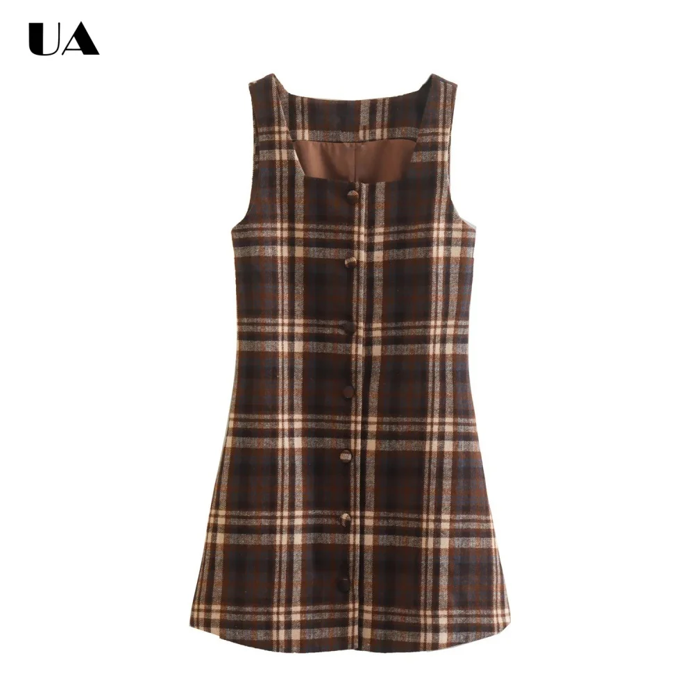 

Trendy Plaid Fit-and-flare U-Neck Mini Dress Vintage Sleeveless Lace-up Short Dress for Woman Fashionable Single Breasted Dress