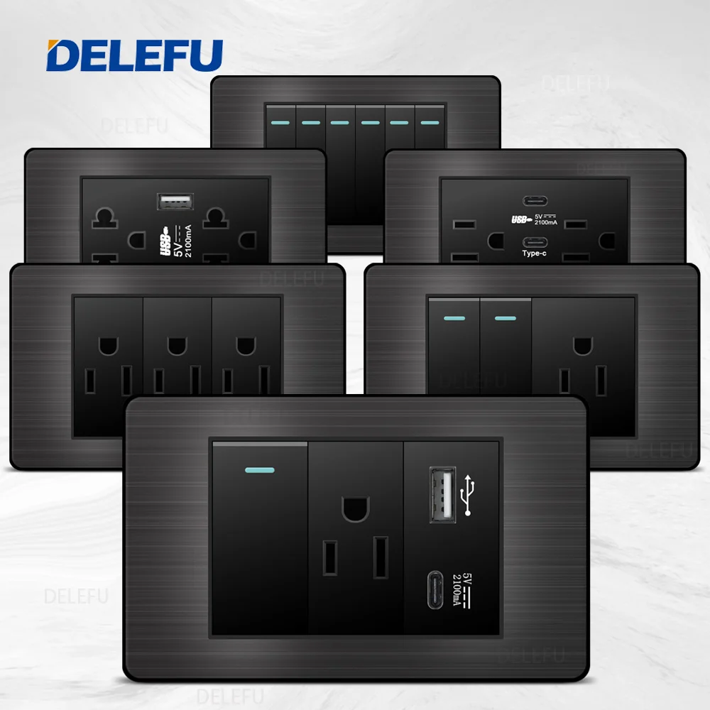 DELEFU Stainless Steel Black Panel Series American Standard Switch Socket Computer USB Type C Wall Power Socket