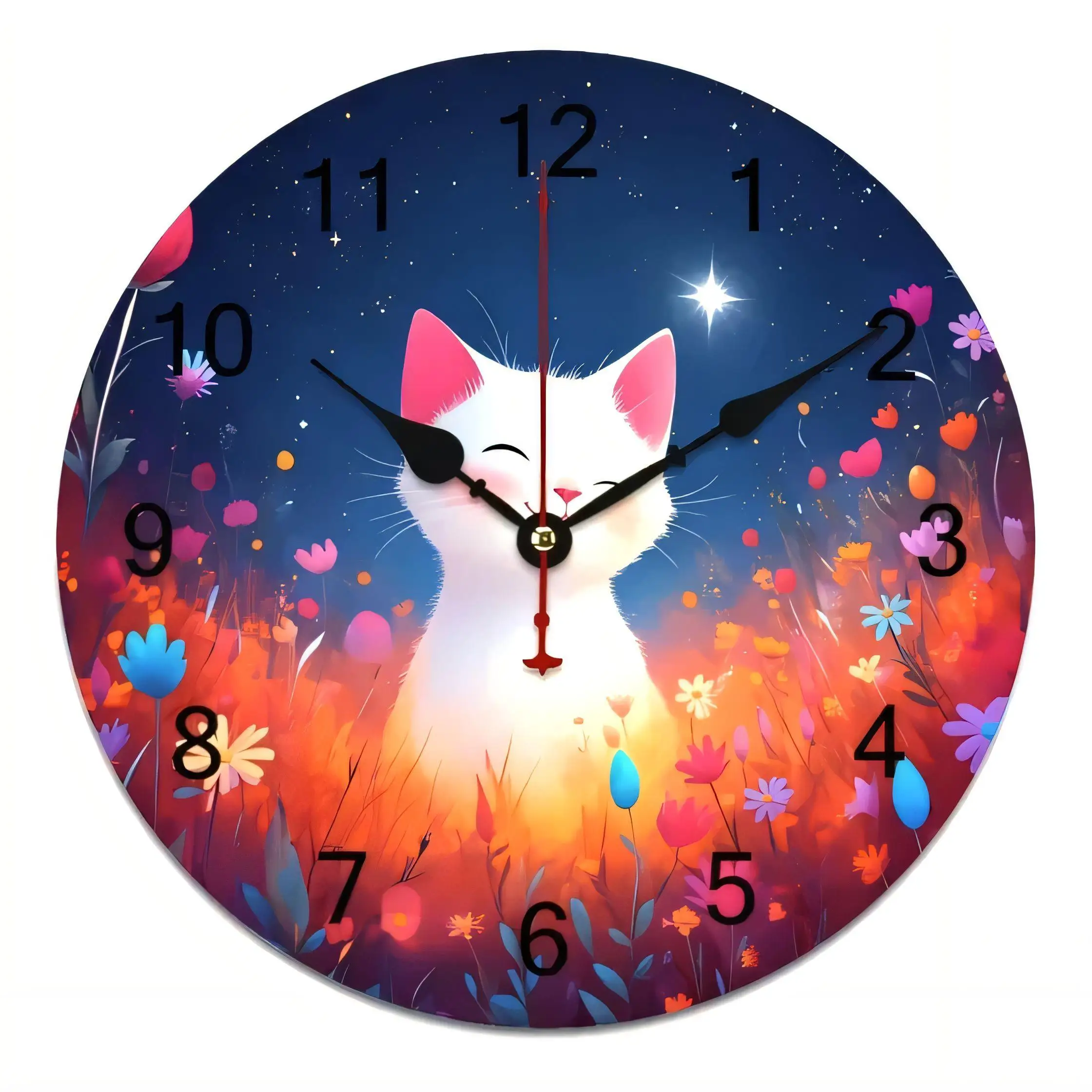 Whimsical Glowing Cat Night Sky  Wall Clock Decorative Art for Home Bedroom Living Room Silent Non Ticking Battery Operated