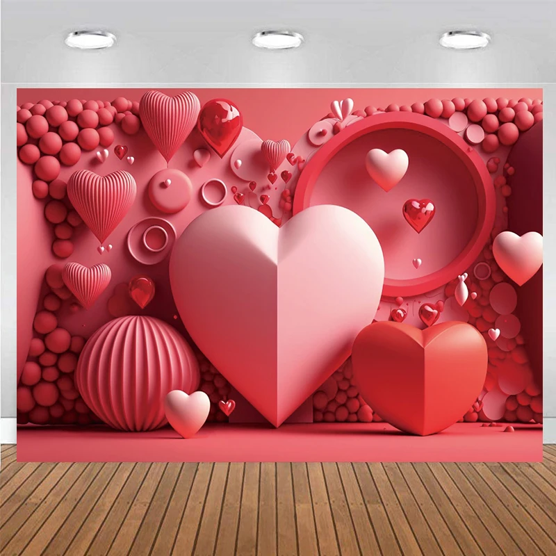 Valentines Day Decoration 3D Heart Backdrop Pink and Black Romantic Love Balloons Party Banner Photo Backdrop Photography Props