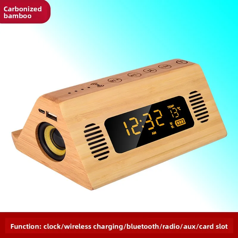 SOTAMIA 1개 솔리드 우드 블루투스 카드 오디오 시계 알람 시계 무선 충전 스피커 음성 방송 고음량