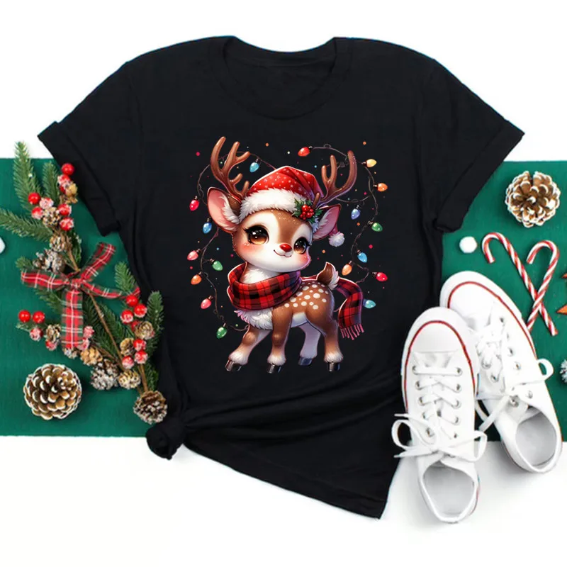 Women Christmas Light Reindeer Black T Shirt Christmas Xmas Gifts Cartoon Top Tshirt Harajuku Fashion New Year Clothes
