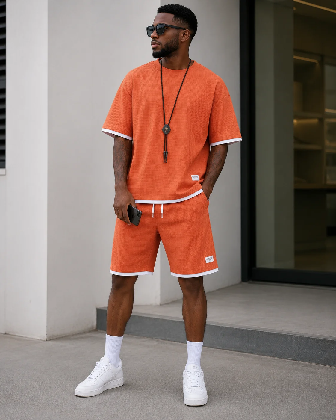 Men's Sports Running Cycling Casual Short-sleeve Outdoor Hiking Summer T-Shirt + Shorts Set Waffle Comfortable Tracksuit Suits