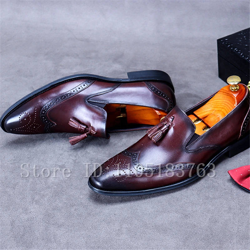 

Gentlemen Cowhide Business Shoes Round Toe Tassel Decor Genuine Leather Loafers Men Wedding Party Formal Dress Oxfords