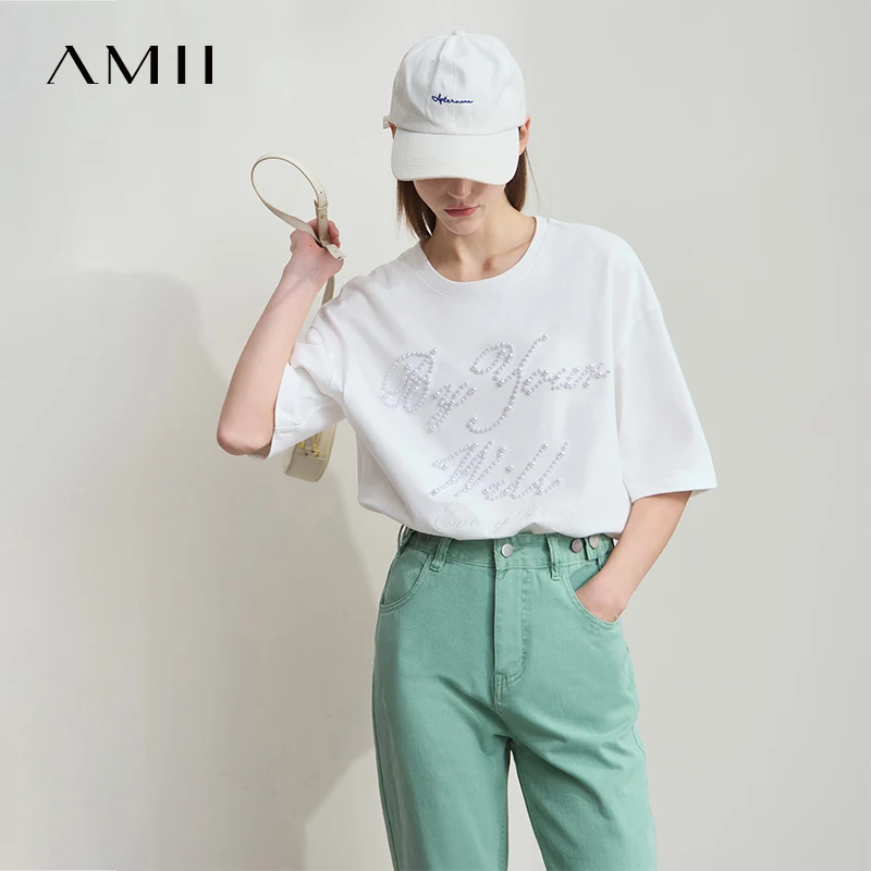 Amii Top For Women Minimalist Summer New O-Neck Letter Bead Setting Craft Cotton Drop Shoulder Sleeve Casual T-shirt 12522079