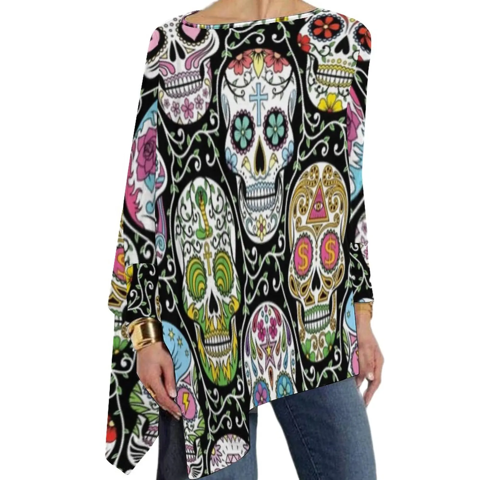 

Colorful Skeleton T Shirt Mexican Sugar Skull Funny Long Sleeve T Shirts Street Wear Oversized Tees Woman Tops Birthday Present