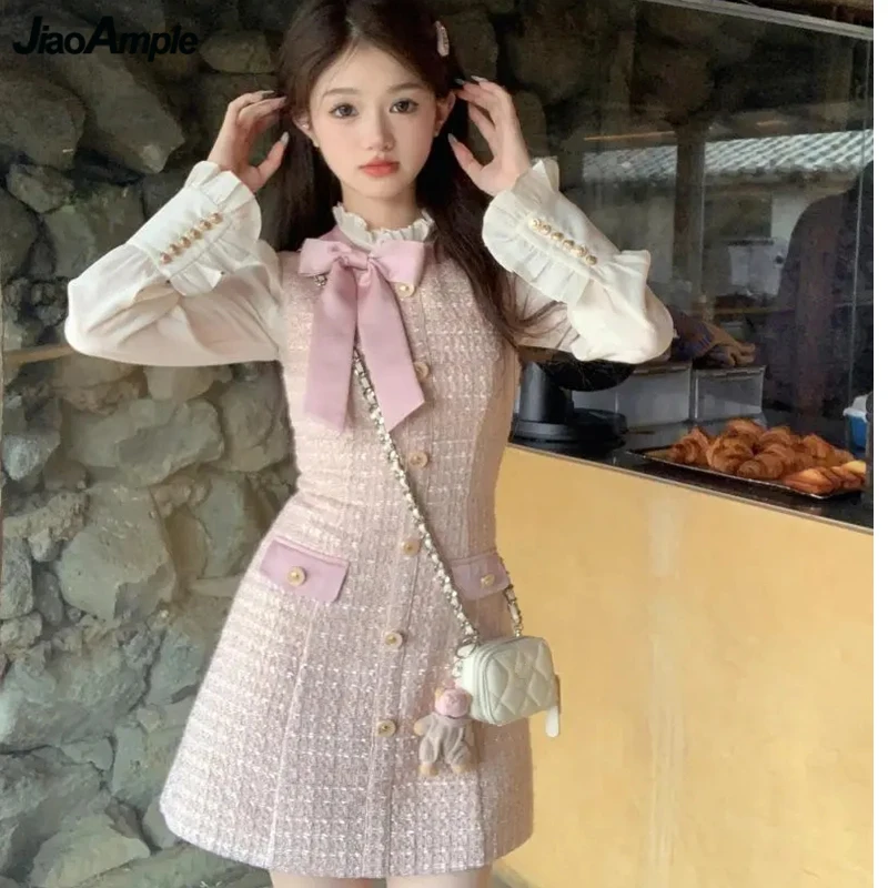 

Women Spring Autumn Sweet Pink Mini Dress Korean Lady Graceful Bowknot Patchwork Long Sleeve Dresses 2024 New Tweed Gown Female